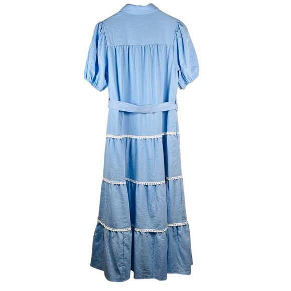 PRETTYGARDEN Summer Button Up Size Medium Bric Brac Maxi Dress Blue White Pom - Picture 3 of 7